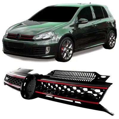 JOM Sports Frontgrill med honey comb gitter i sort med rød liste til VW Golf 6 GTI, Årgang 2008-2012