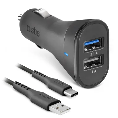 SBS USB C biloplader kit. 1A + 2.1A. 1 m. - Sort