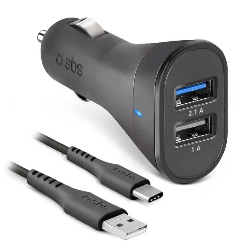 SBS USB C biloplader kit. 1A + 2.1A. 1 m. - Sort